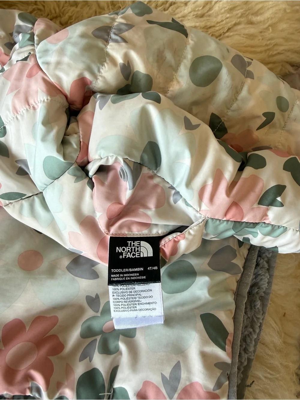 The North Face Little Girls Floral Reversible Puffer Jacket in Pink & Sage